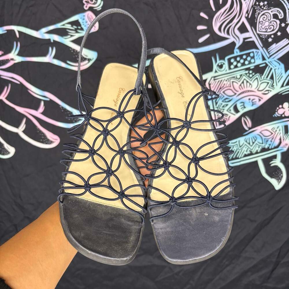Carriage Court Comfort Wave Black Elastic Strappy Slingback Sandals